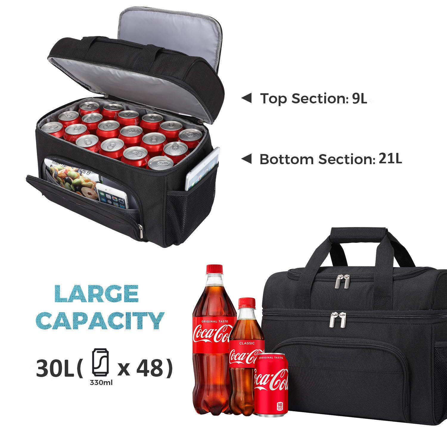 Grand sac isotherme souple portable boîte à lunch 48-Can Cooler Tote Double couche noir pour le camping, sac isotherme pour le déjeuner de pique-nique