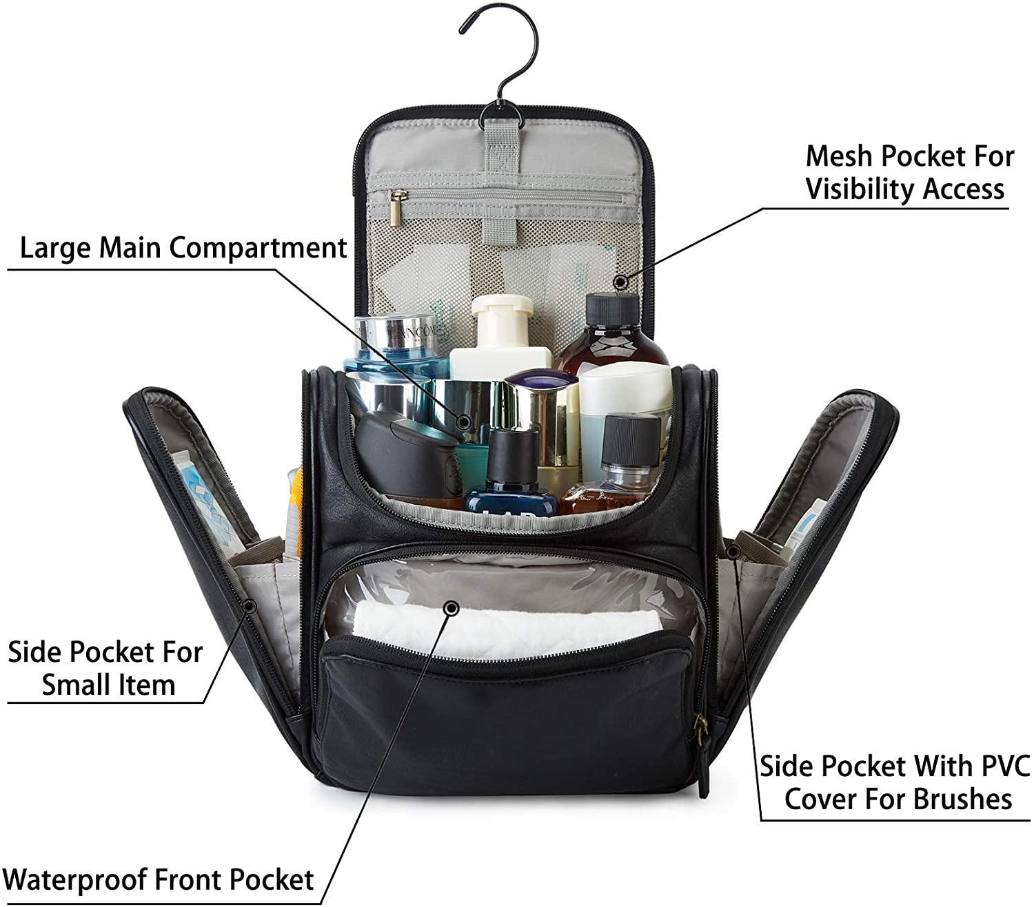 Organisateur de stockage de maquillage personnalisé pliable en cuir PU noir unisexe de grande capacité sacs à cosmétiques sac de toilette suspendu
