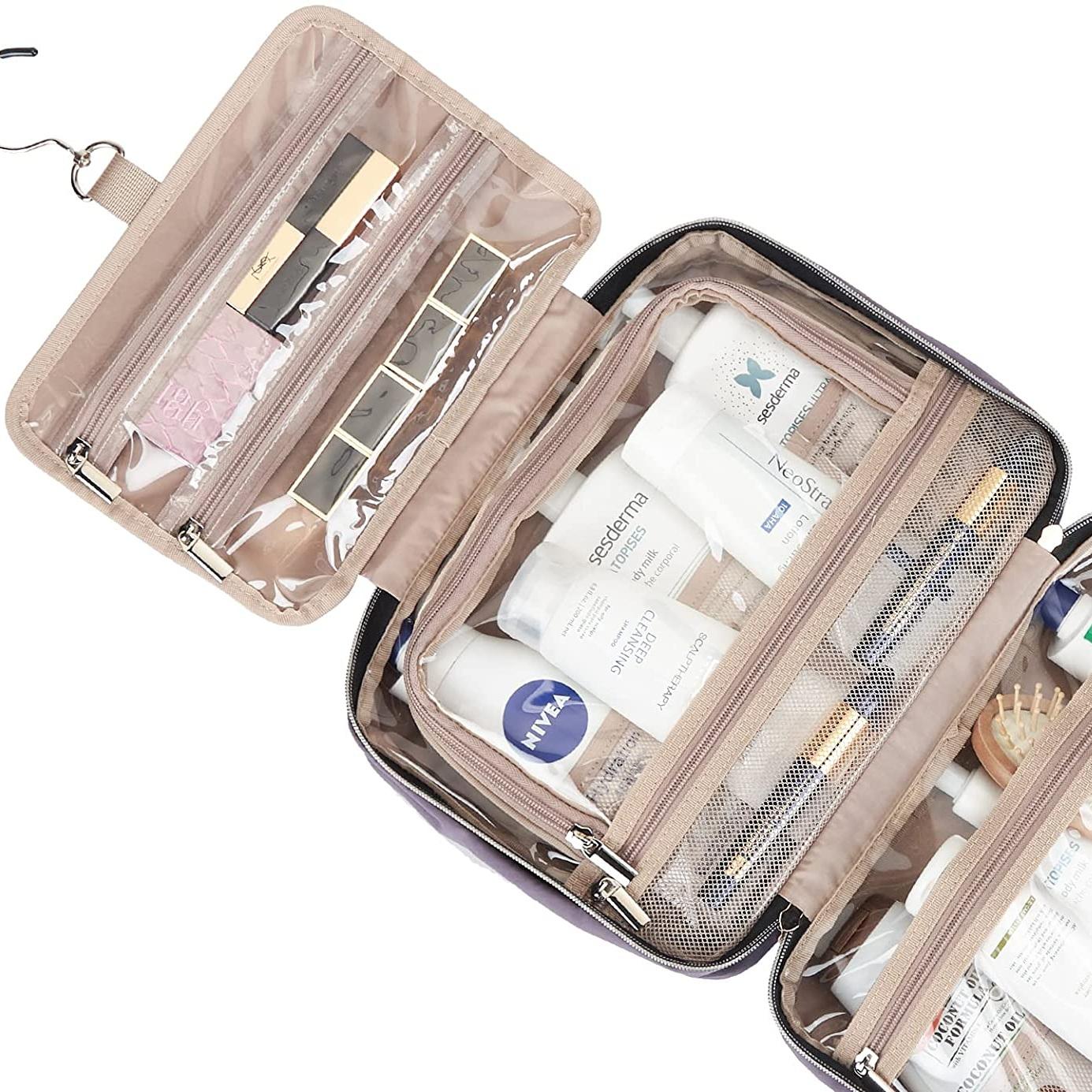 Trousse de maquillage de voyage rose Logo personnalisé sacs de toilette imperméables grande capacité organisateur cosmétique porte-maquillage avec crochet de suspension
