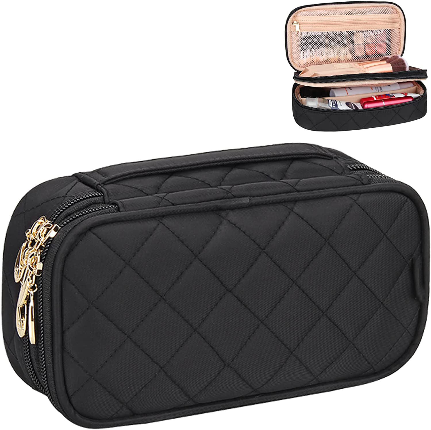 Sac à cosmétiques pour femmes 2 couches Organisateur de maquillage de voyage Sac à main Capacité compacte pour un usage quotidien Porte-pinceau de maquillage