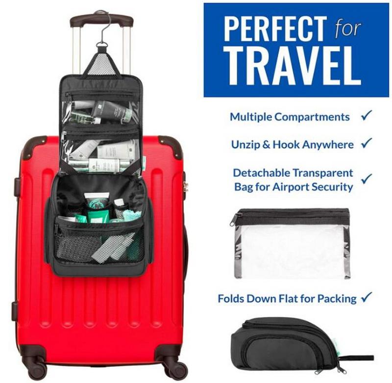 Vente en gros noir unisexe compressible étanche organisateur de maquillage cosmétique nouveaux produits sacs de toilette suspendus pliables pour le voyage
